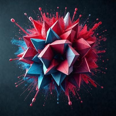 The primary subject of the image is a three-dimensional geometric shape, which appears to be a combination of red, blue, and green colors. The shape is made up of multiple triangles and is surrounded by a variety of colors, including red, blue, and green. The setting is a black background, which contrasts with the vibrant colors of the geometric shape. The visual style of the image is a mix of digital art and illustration, creating a unique and eye-catching design. The overall atmosphere of the image is ener